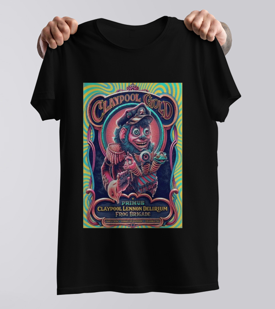 Primus Claypool Lennon Delirium Frog Brigade Columbus OH June 6 2026 Claypool Gold T-Shirt