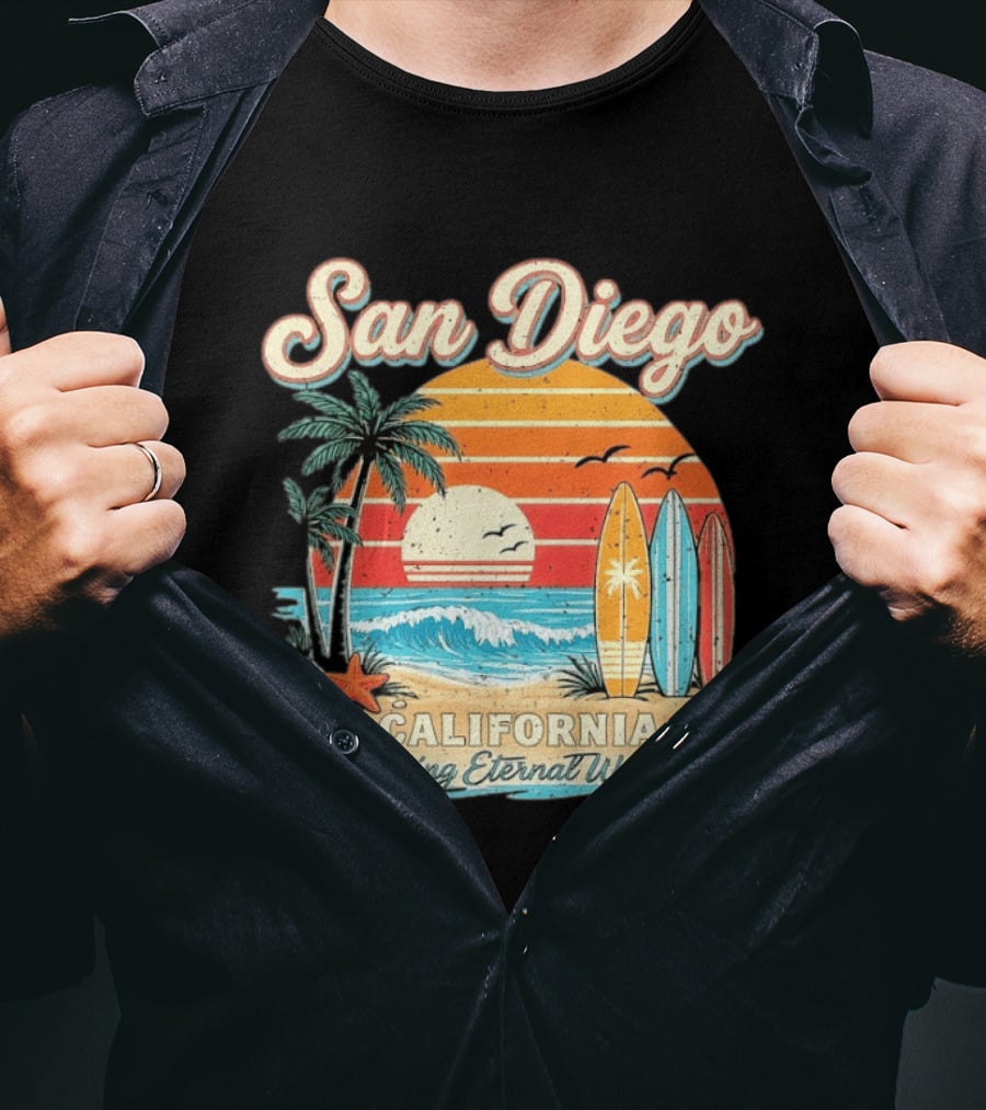 San Diego California Surfing Sunrise Chasing Eternal Waves Beach Vacation T-Shirt