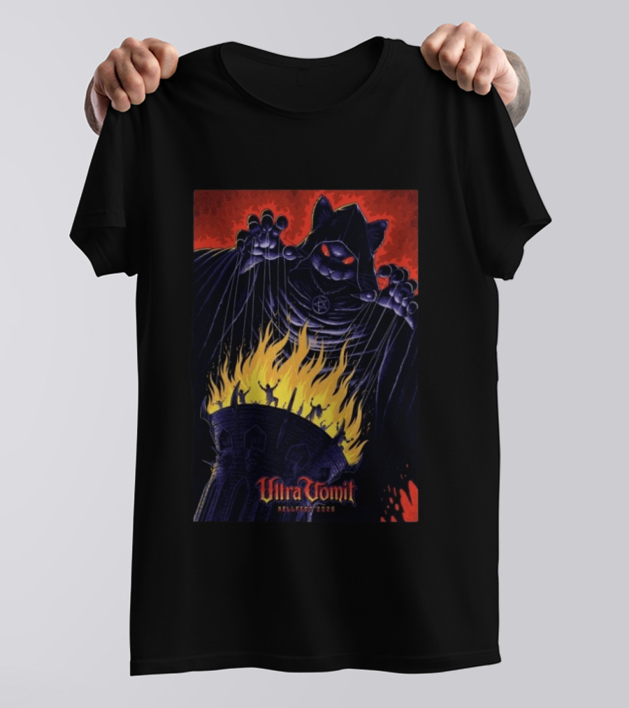 Ultra Vomit Hellfest 2026 Clisson France Jun 19 Puppet Master Cat With Fire Tower T-Shirt