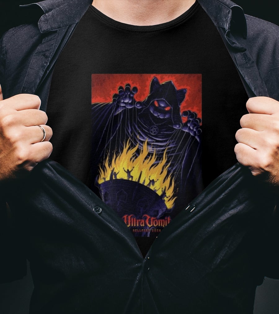 Ultra Vomit Hellfest 2026 Clisson France Jun 19 Puppet Master Cat With Fire Tower T-Shirt