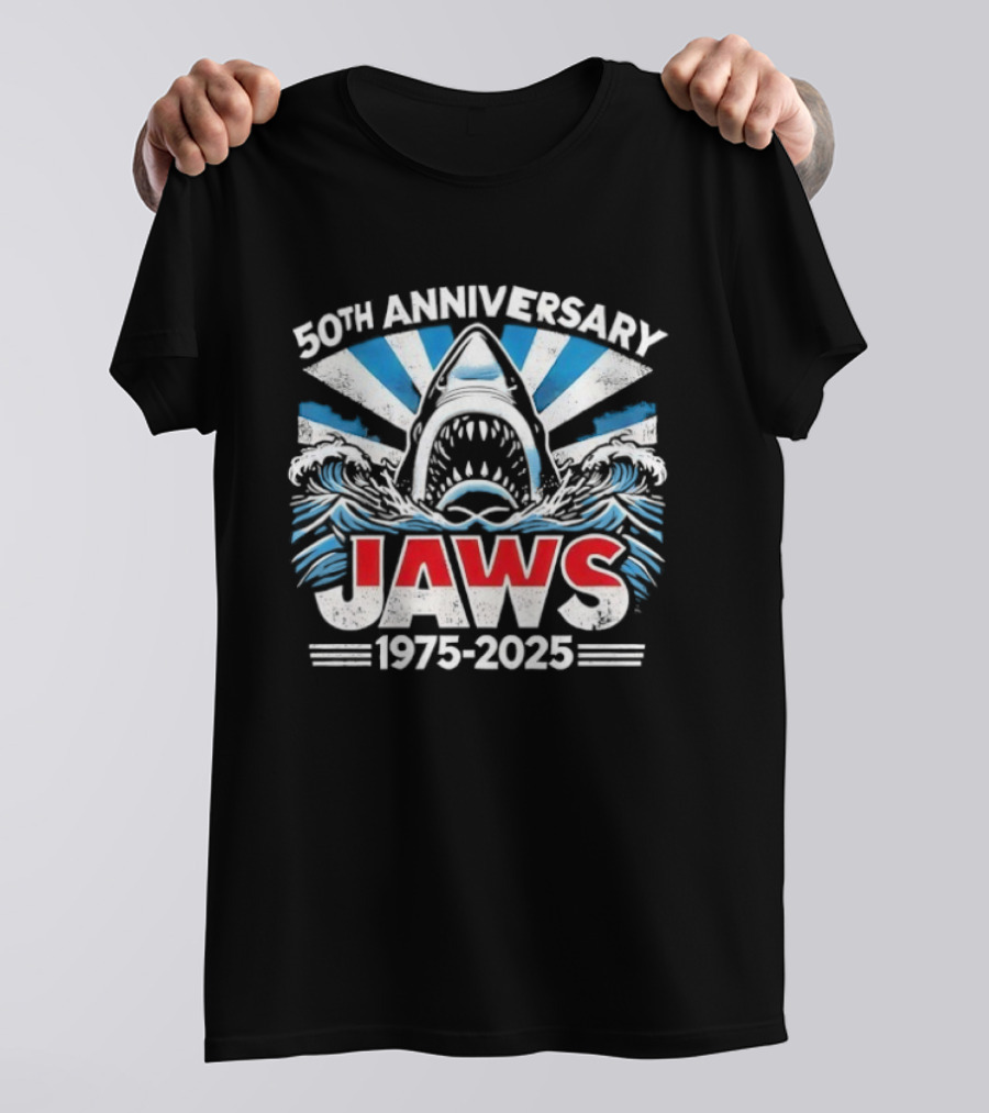 50th Anniversary Jaws 1975-2025 Shark Classic Retro Film Tribute T-Shirt