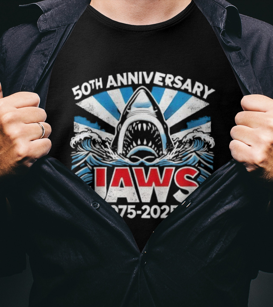 50th Anniversary Jaws 1975-2025 Shark Classic Retro Film Tribute T-Shirt