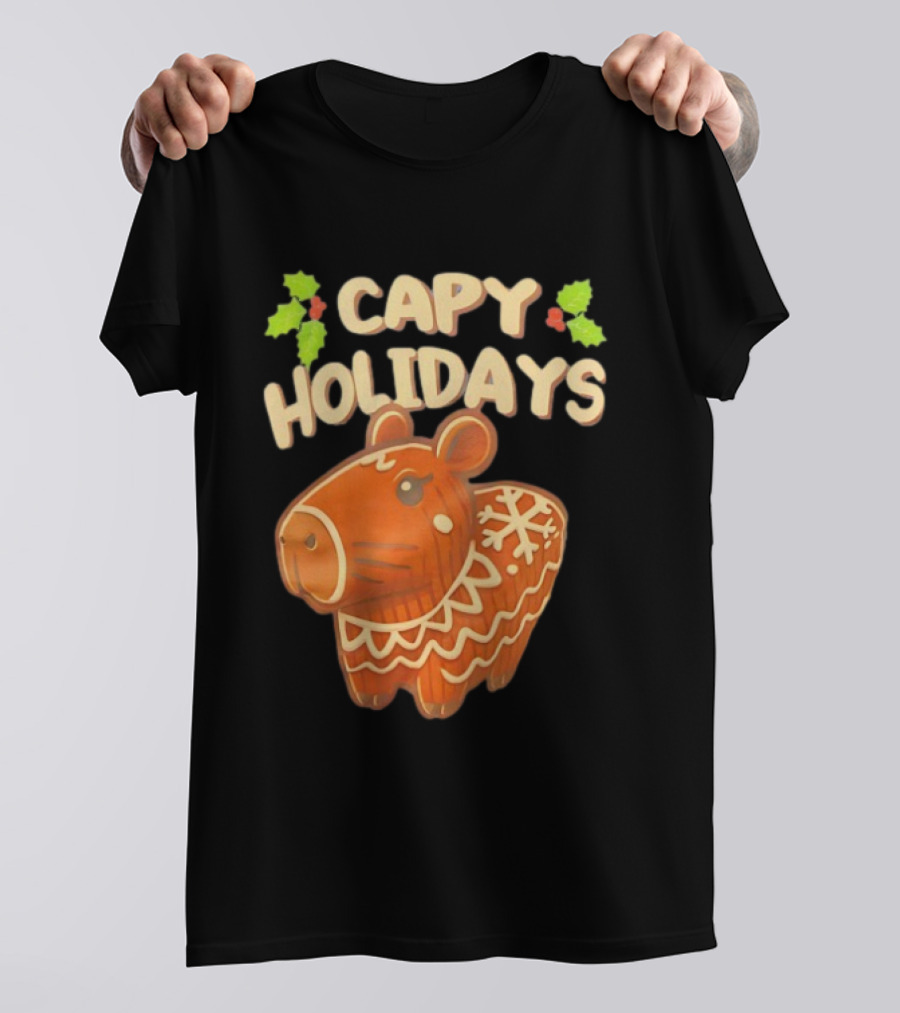 Capy Holidays Christmas Cookie Capybara With Holly Leaves T-Shirt