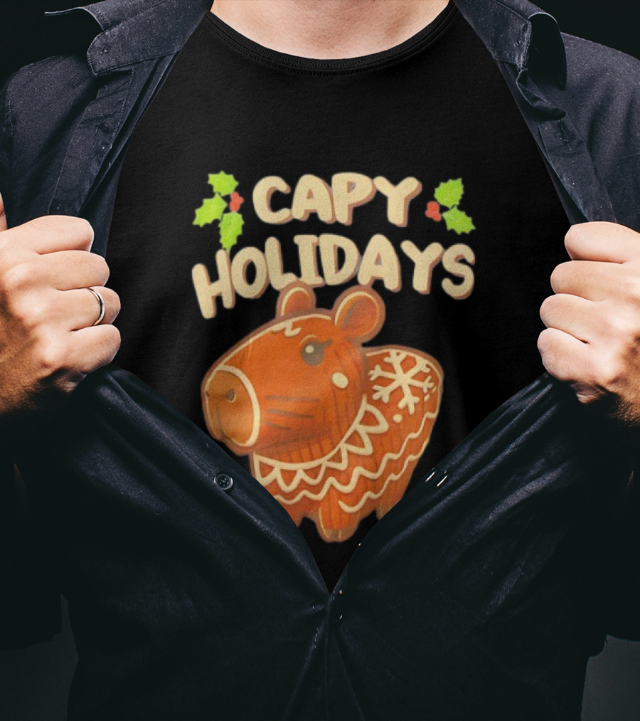 Capy Holidays Christmas Cookie Capybara With Holly Leaves T-Shirt