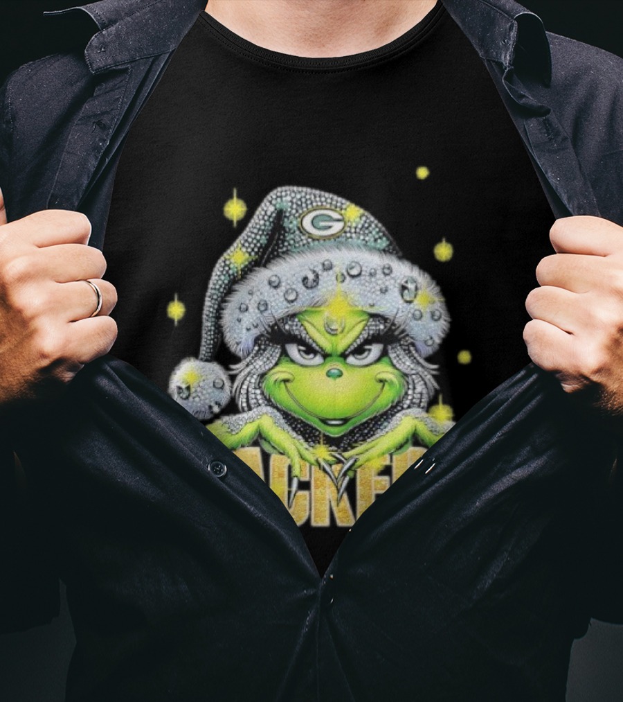 Green Bay Packers Grinch Santa Hat Christmas Football Fan Apparel T-Shirt