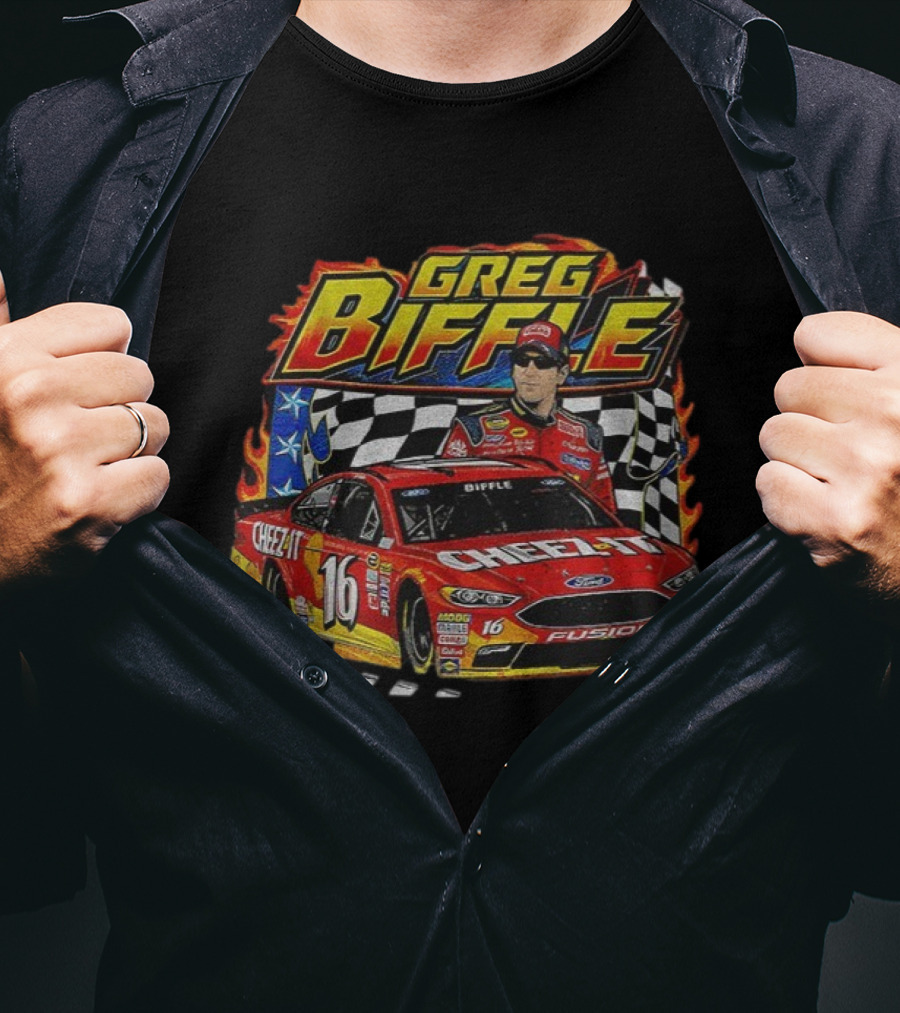 Greg Biffle 90s Nascar Race Car Cheez-It Ford Fusion Checkered Flag T-Shirt