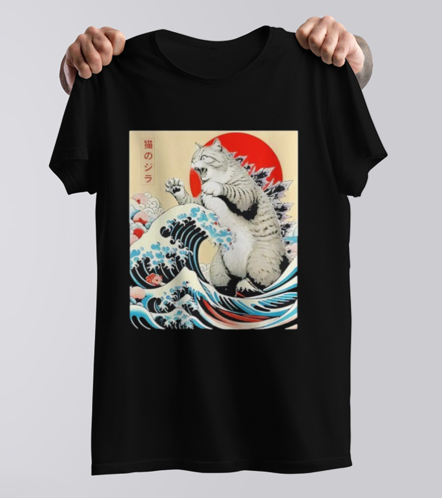 Catzilla Ukiyo-e Japanese 猫のジラ Kanagawa Waves Red Sun T-Shirt