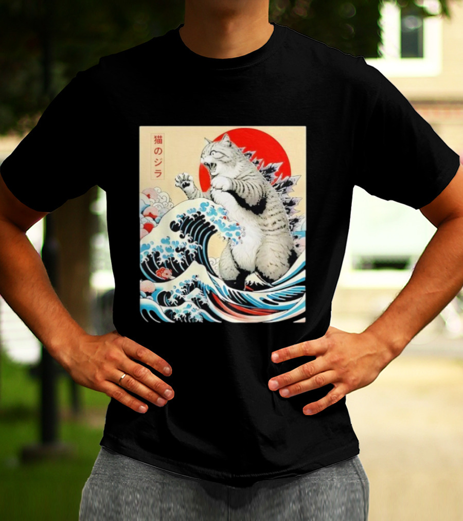 Catzilla Ukiyo-e Japanese 猫のジラ Kanagawa Waves Red Sun T-Shirt