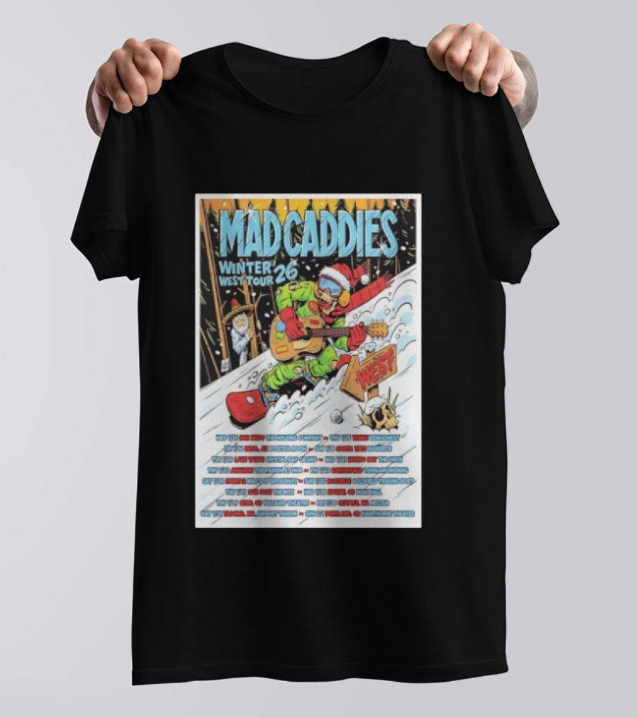 Mad Caddies Winter West Tour 26 Snowboarding Santa Skeleton Guitarist T-Shirt