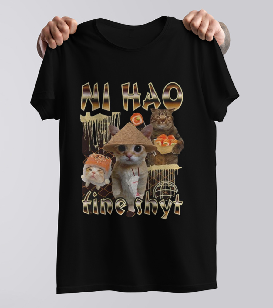 Ni Hao Fine Shyt Funny Cat Sushi Theme T-Shirt