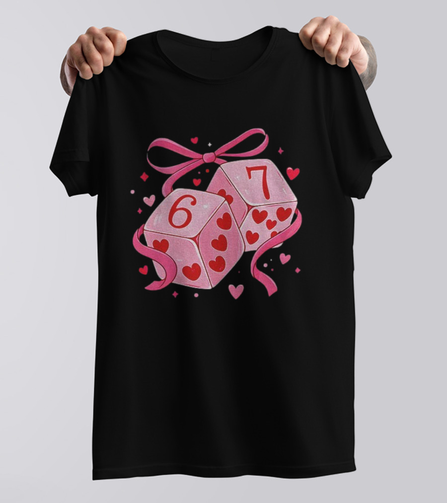 Preppy Valentine Pink Heart Dice 67 Bow Ribbon T-Shirt