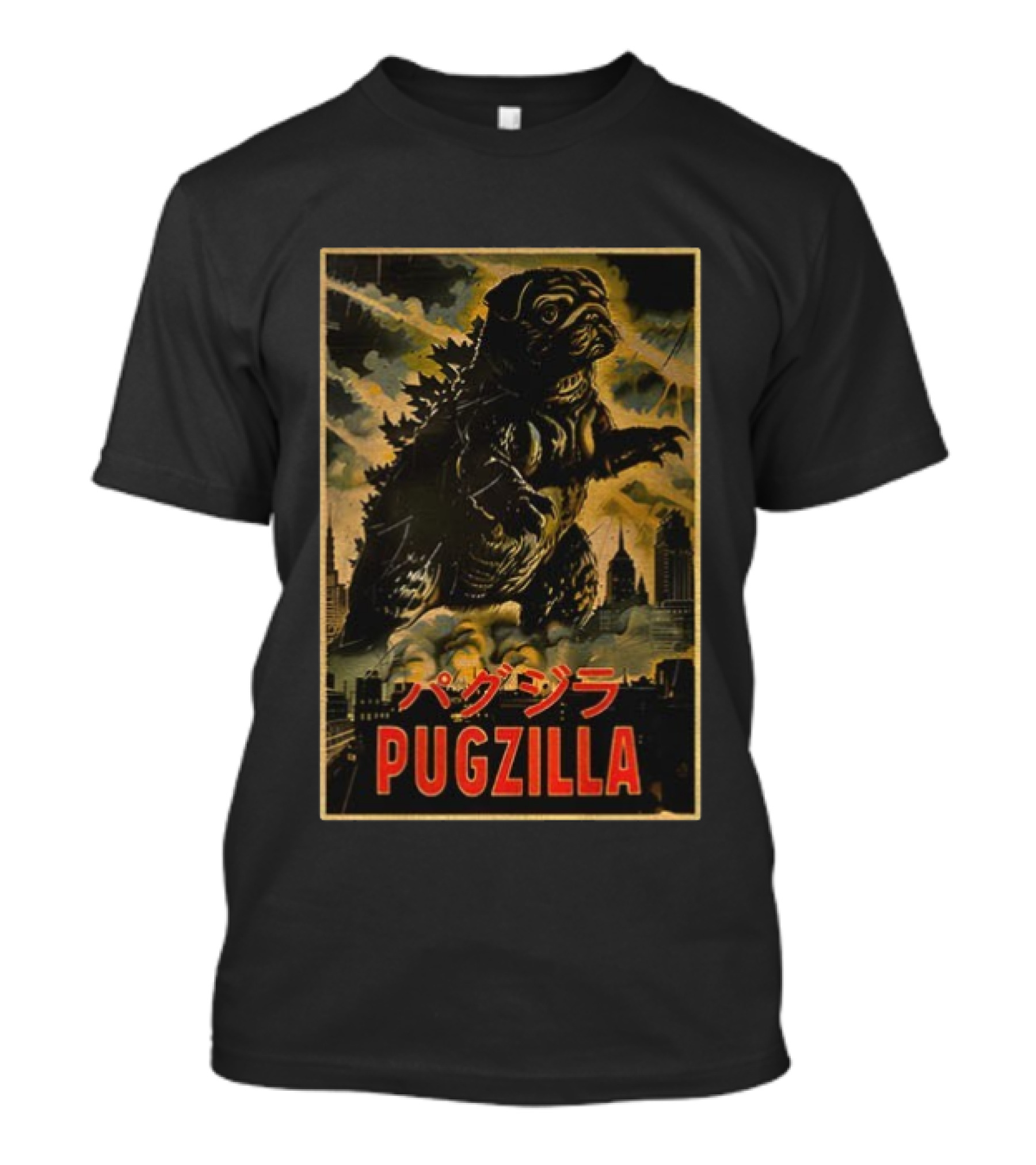 Pugzilla パグジラ Retro Japanese Movie Monster Urban Skyline T-Shirt