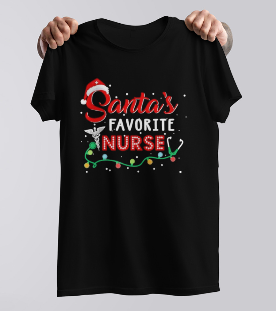 Santa's Favorite Nurse Christmas With Santa Hat And Stethoscope T-Shirt