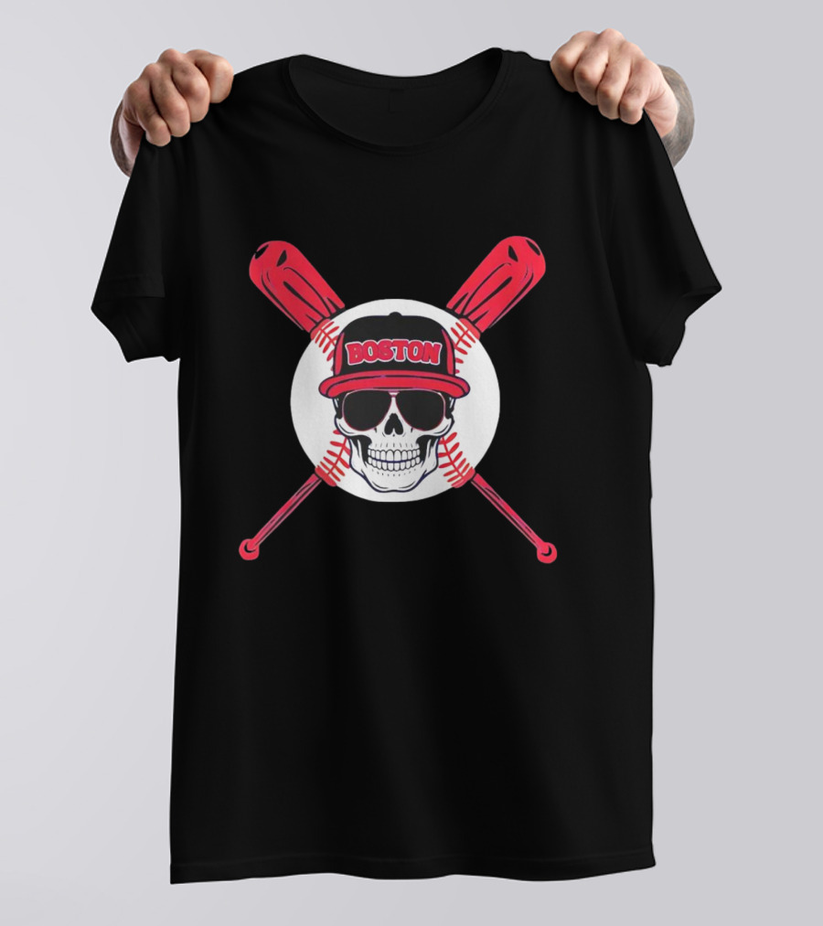 Boston Baseball Skull With Crossed Bats T-Shirt