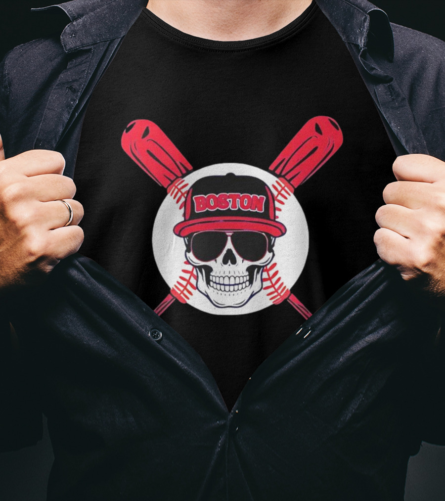 Boston Baseball Skull With Crossed Bats T-Shirt