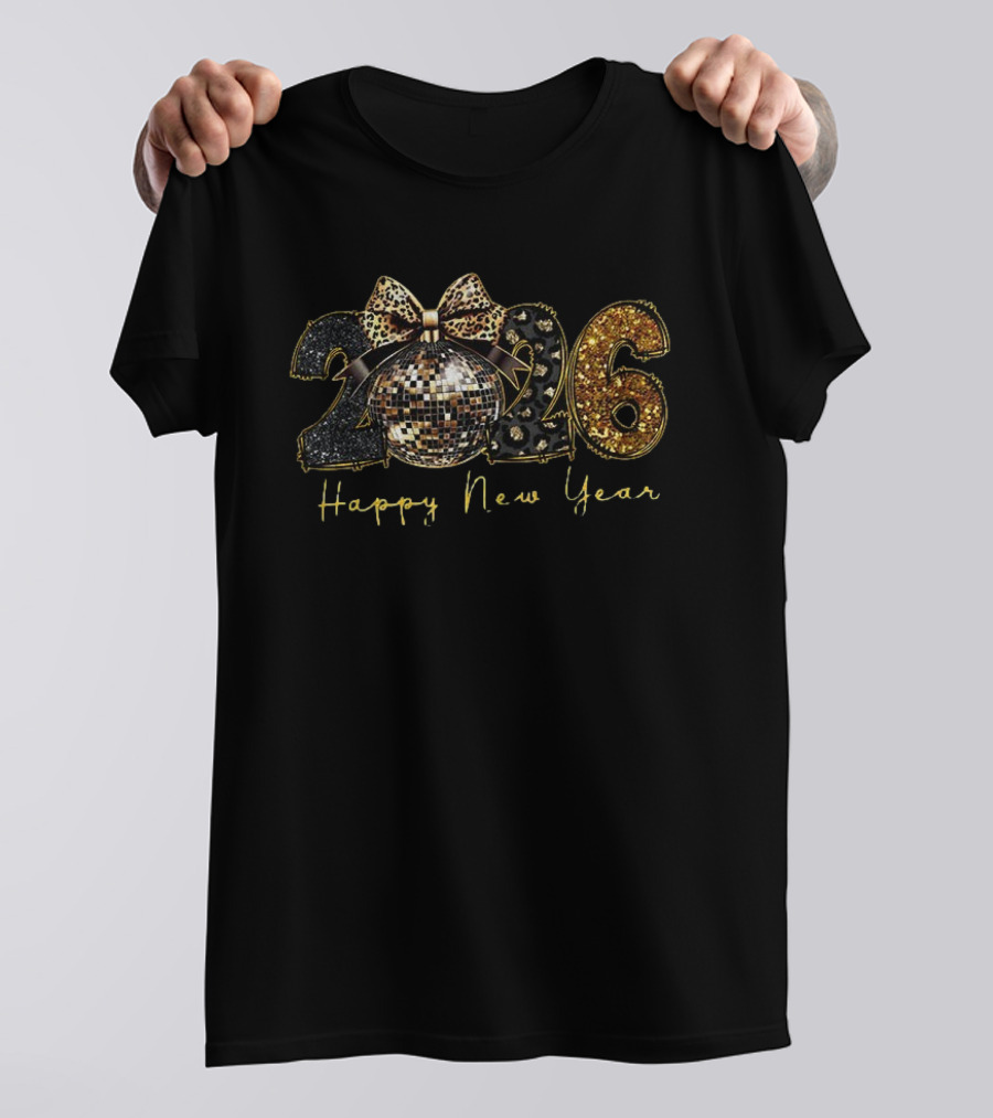 2026 Black Gold Disco Ball Leopard Print Happy New Year T-Shirt
