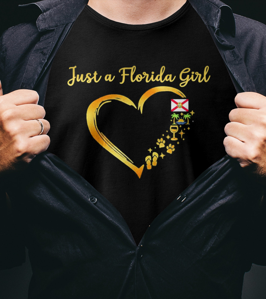 Just A Florida Girl Heart With State Flag And Tropical Iconography T-Shirt