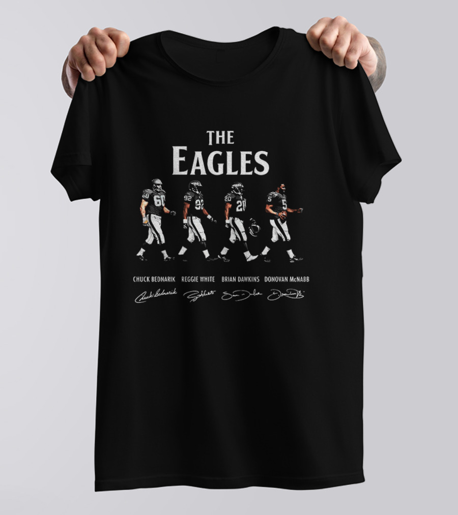 Philadelphia Eagles Legends Chuck Bednarik Reggie White Brian Dawkins Donovan McNabb Abbey Road Walking Signatures T-Shirt