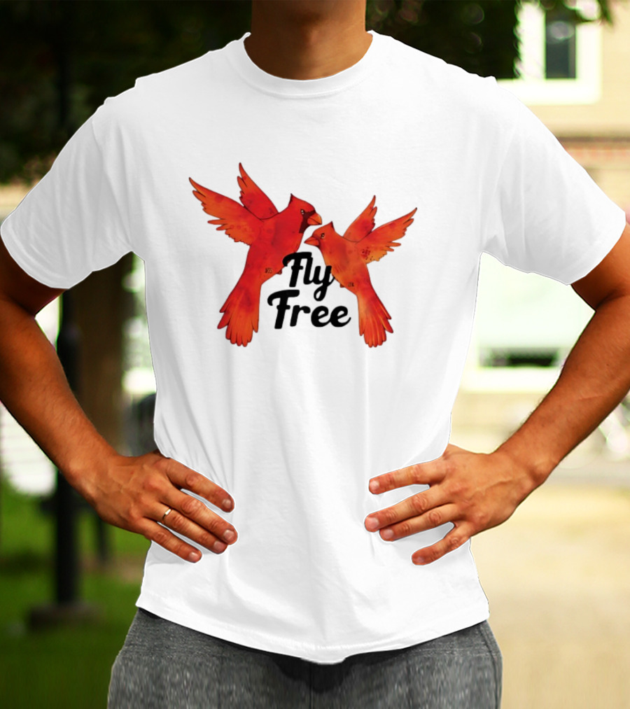 Fly Free Cardinal Bird Pair Vibrant Red Wings Dynamic Motion T-Shirt