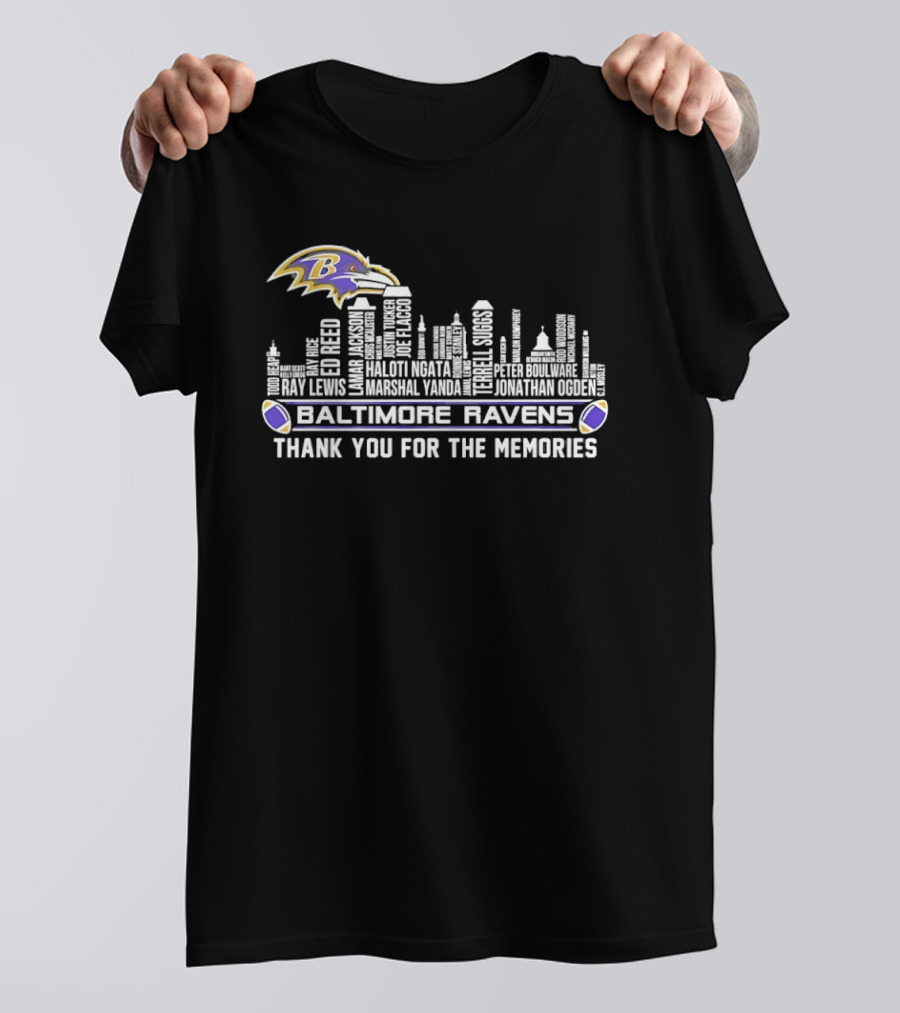 Baltimore Ravens Ray Lewis Marshall Yanda Jonathan Ogden City Skyline Thank You For The Memories T-Shirt