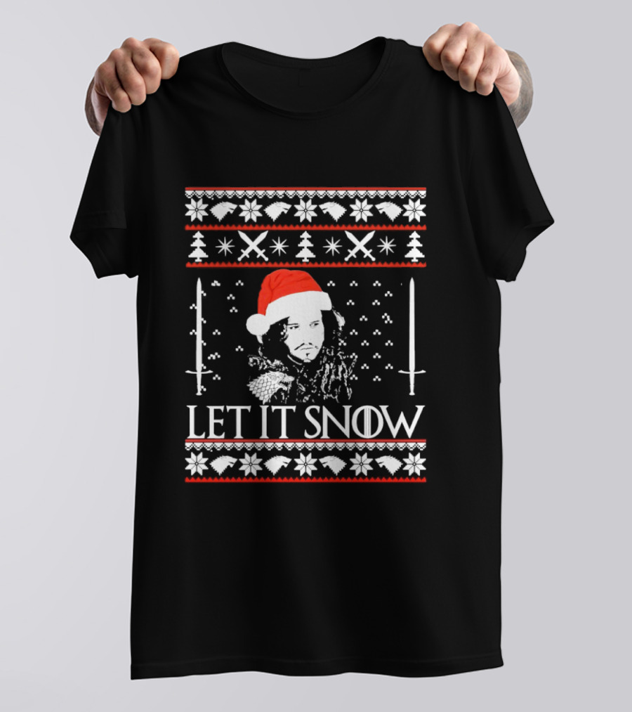 Let It Snow Christmas Ugly Sweater Santa Hat Swords Snowflakes Trees T-Shirt