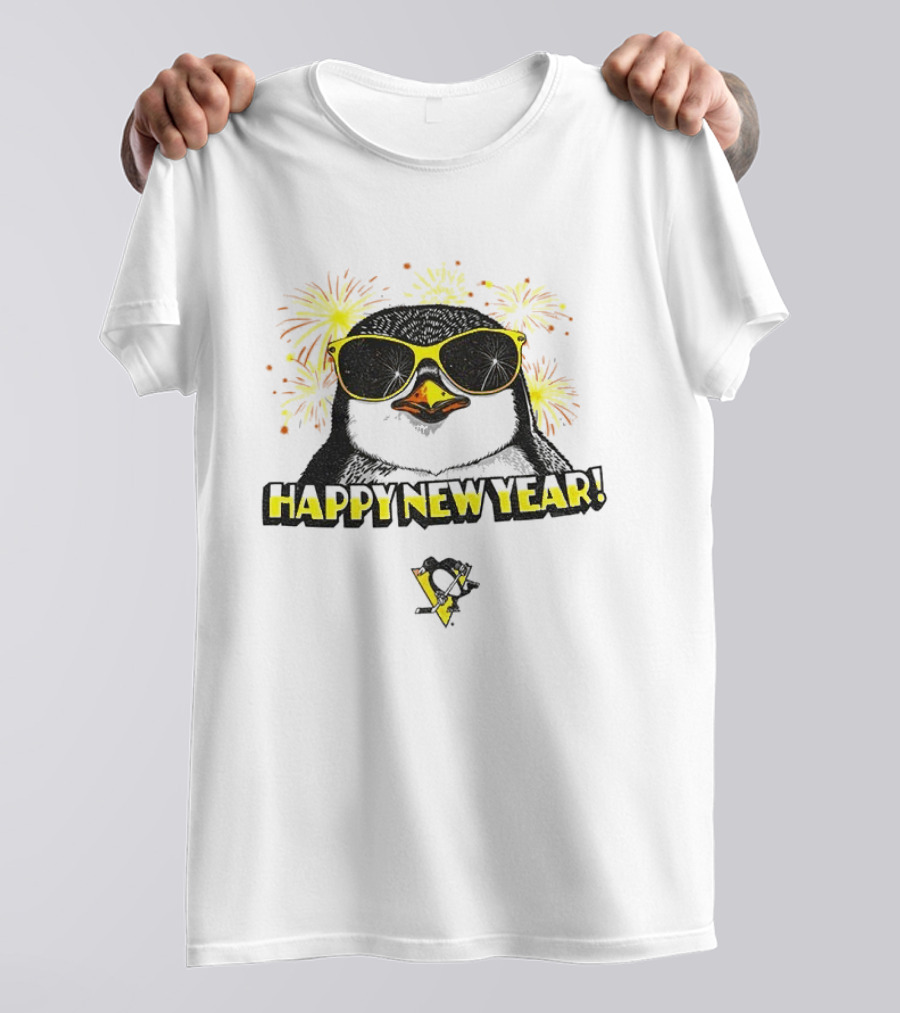 Pittsburgh Penguins Happy New Year Penguins Logo Fireworks Celebration Yellow T-Shirt