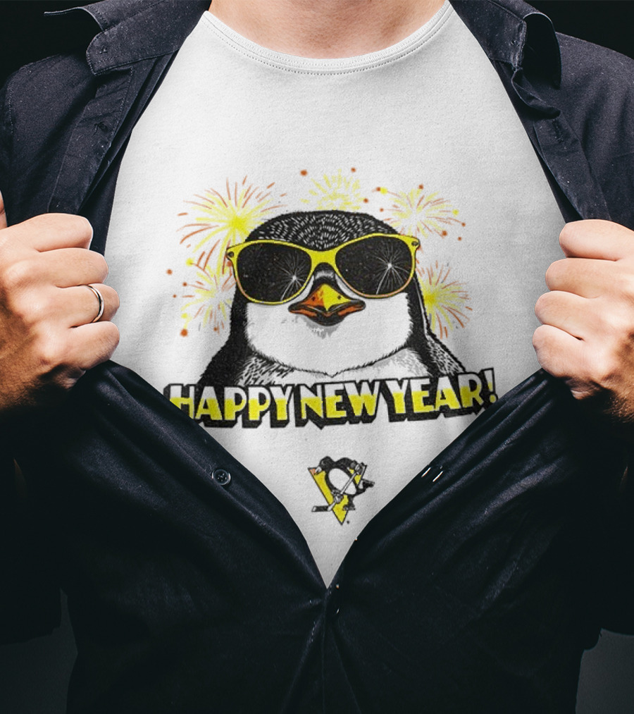 Pittsburgh Penguins Happy New Year Penguins Logo Fireworks Celebration Yellow T-Shirt