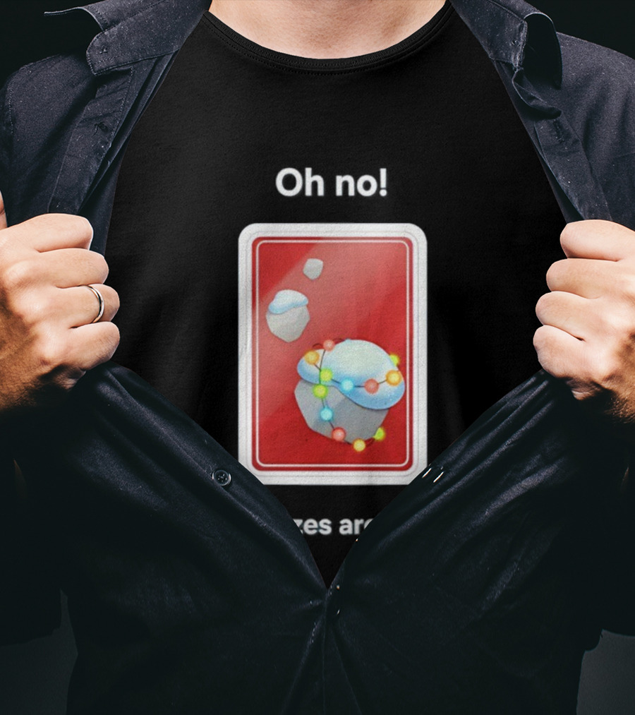 Oh No Your Prizes Are At Risk Christmas Card With Snowy Rocks And Colorful String Lights T-Shirt