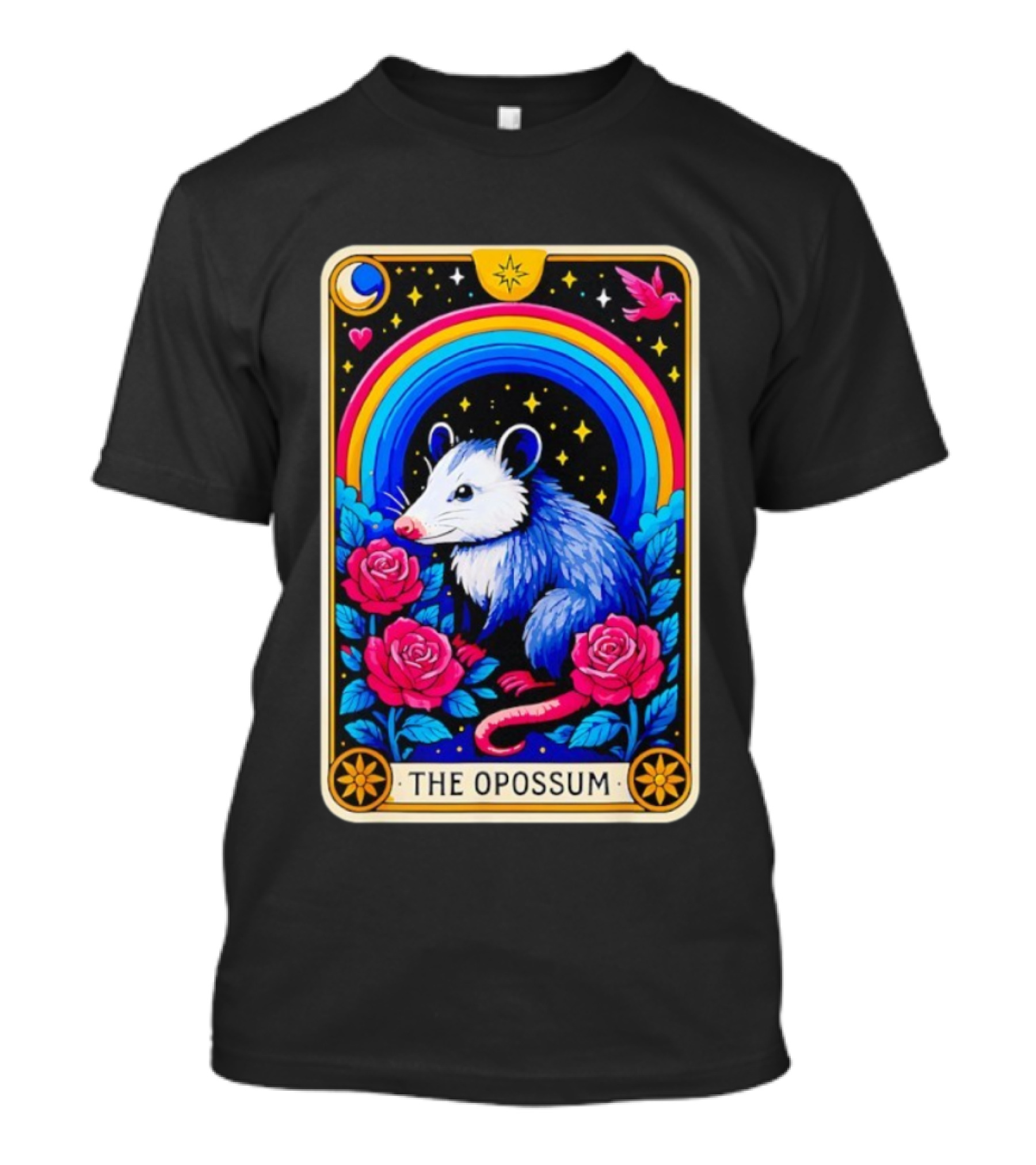 The Opossum Tarot Card Rainbow Moon Roses Stars T-Shirt