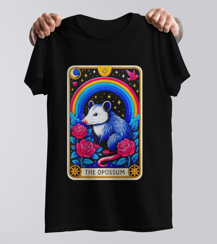 The Opossum Tarot Card Rainbow Moon Roses Stars T-Shirt