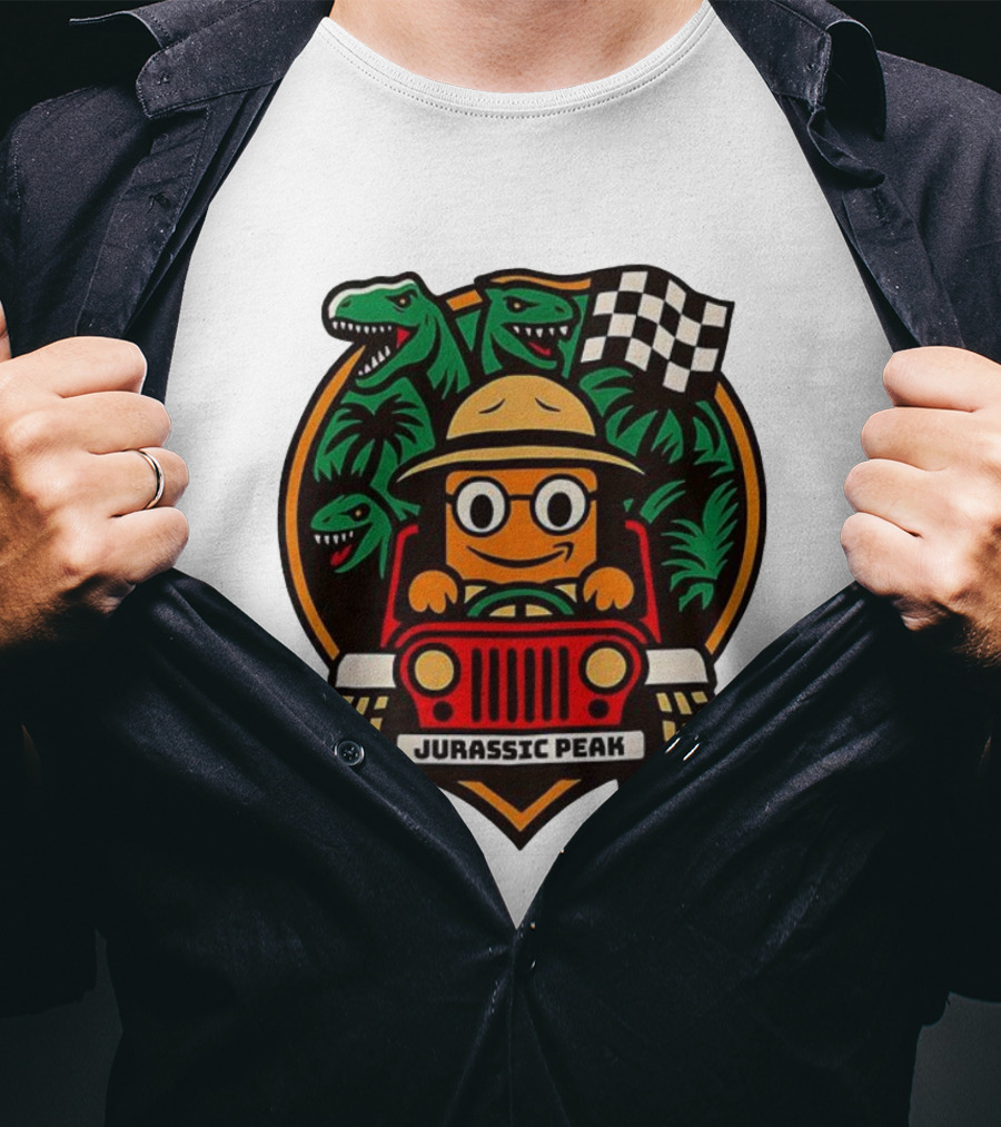 Jurassic Peak Safari Adventure Cartoon Dinosaurs Driving Explorer T-Shirt