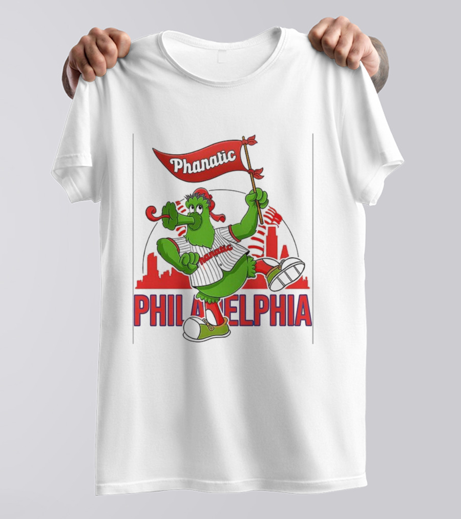 Phillie Phanatic Philadelphia Phillies Mascot Dancing With Skyline And Flag T-Shirt