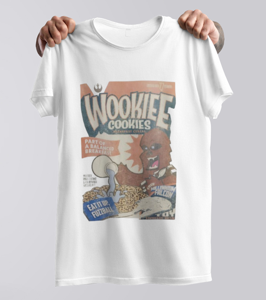 Wookiee Cookies Breakfast Cereal Eat It Up Fuzzball Free Millennium Falcon T-Shirt