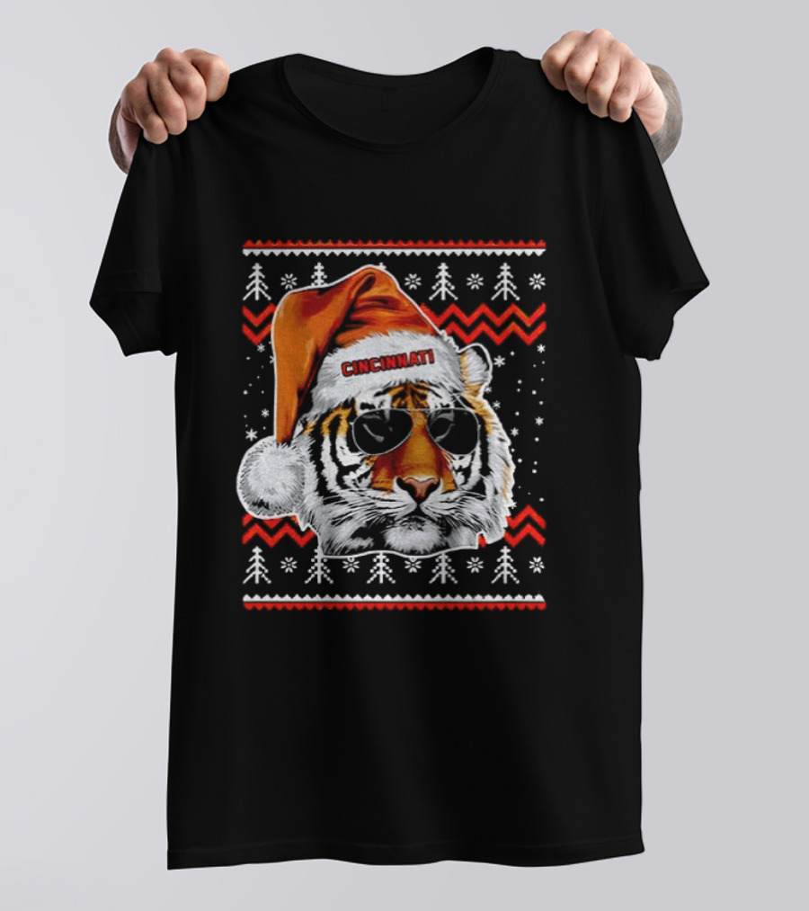 Cincinnati Santa Hat Tiger Ugly Christmas Vintage Football T-Shirt