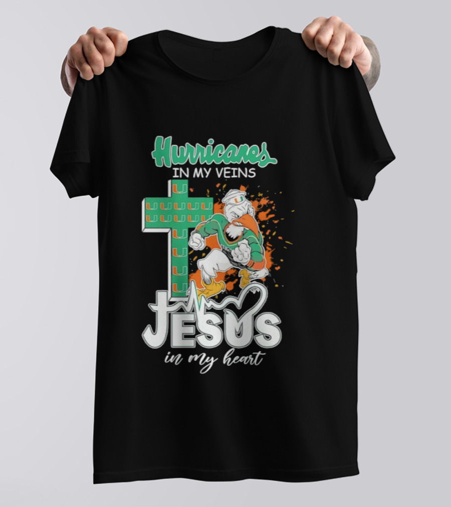 Hurricanes In My Veins Jesus In My Heart Cross Shape Miami Ibis T-Shirt
