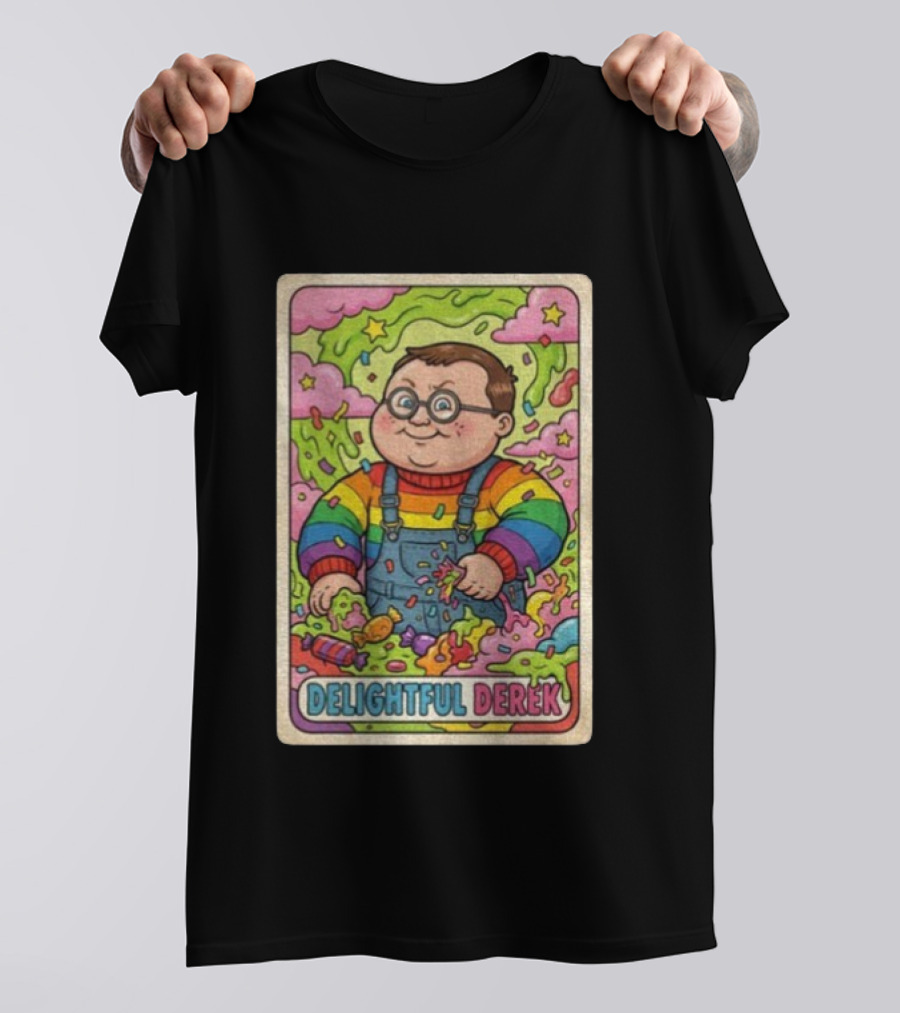 Delightful Derek Rainbow Cartoon Character In Vibrant 80s T-Shirt