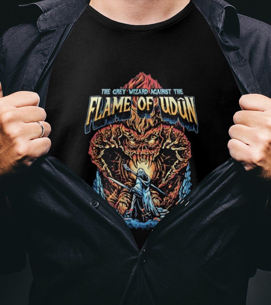The Grey Wizard Against The Flame Of Udun Fantasy Adventure Scene T-Shirt