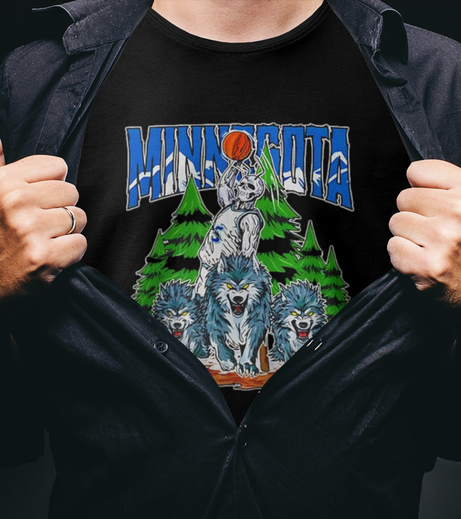 Minnesota Timberwolves Basketball Skeleton Wolves Forest Dunk T-Shirt