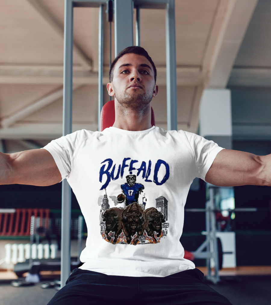 Buffalo Football Skeleton 17 With Charging Bison And City Skyline T-Shirt