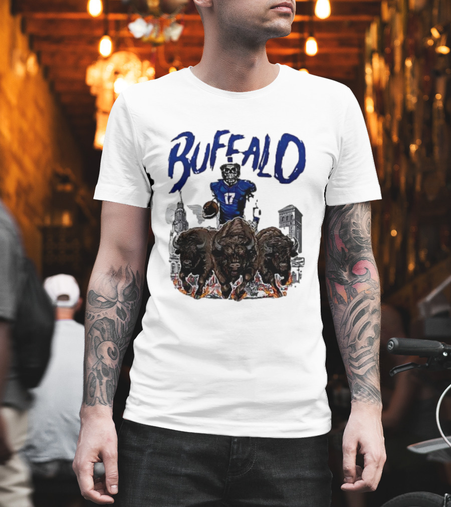 Buffalo Football Skeleton 17 With Charging Bison And City Skyline T-Shirt