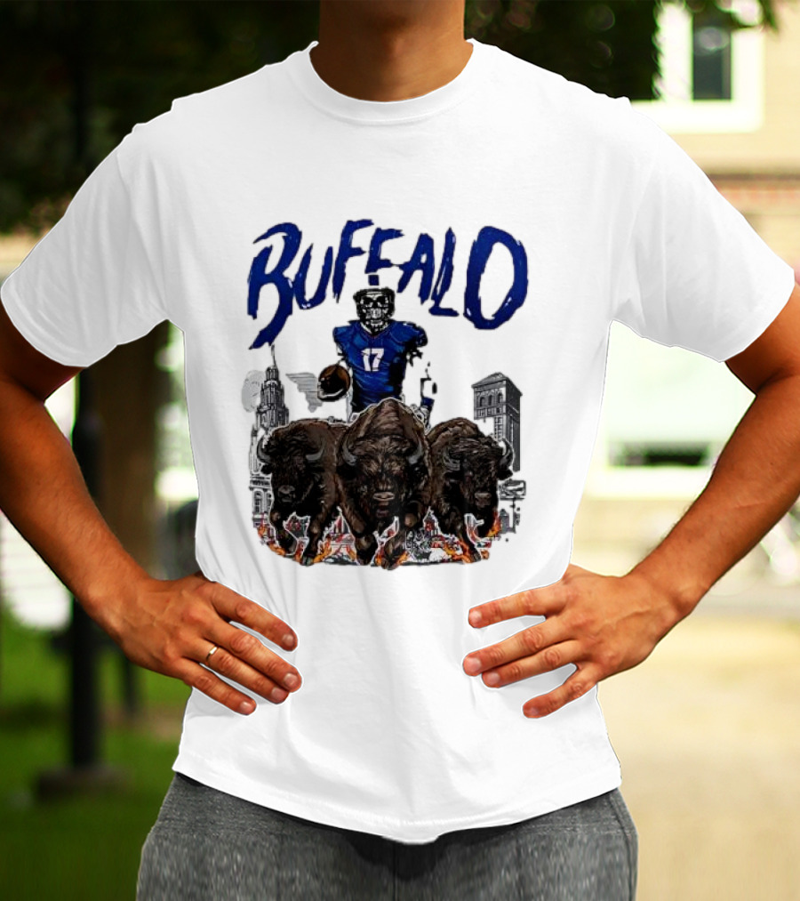 Buffalo Football Skeleton 17 With Charging Bison And City Skyline T-Shirt
