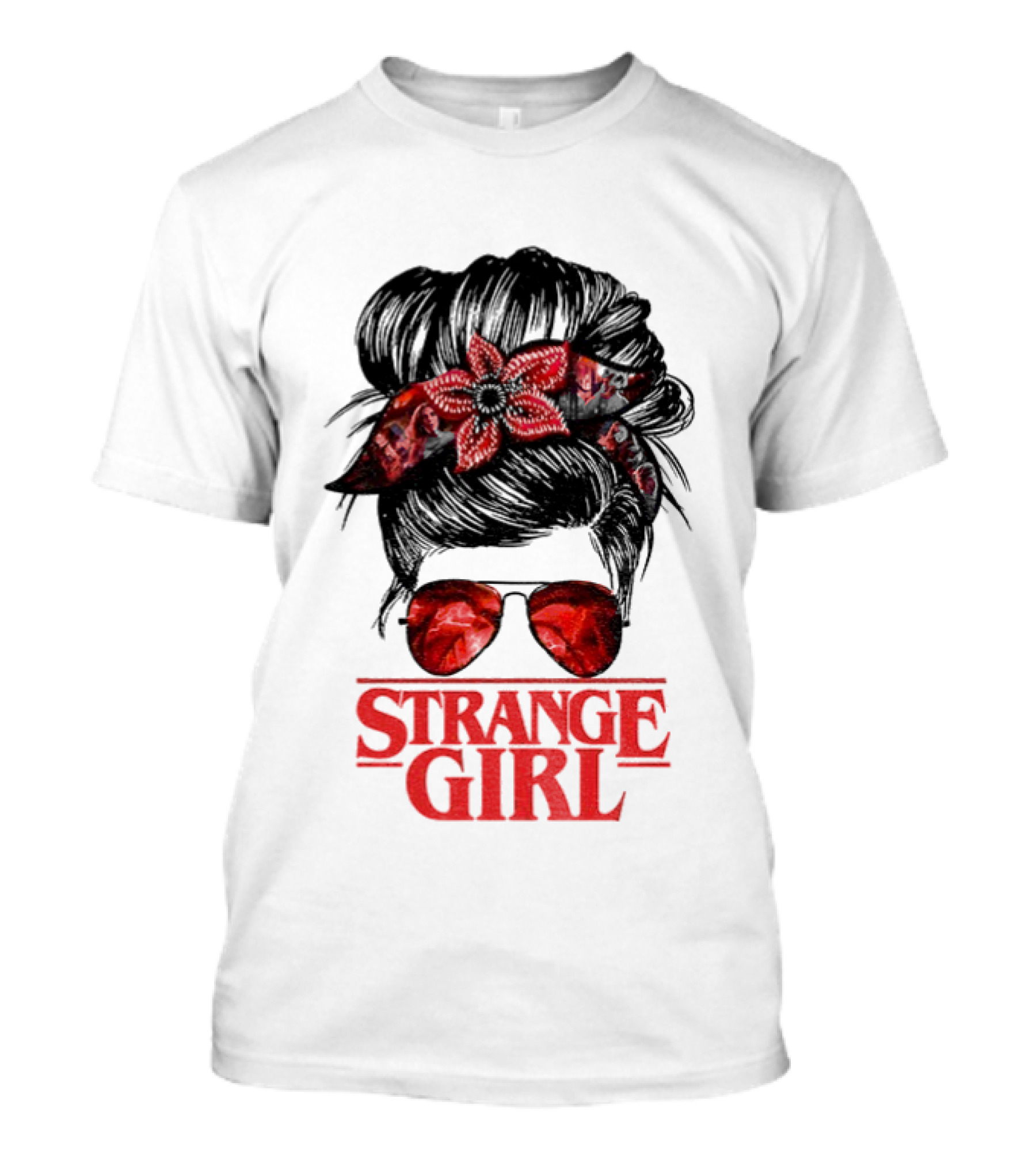 Strange Girl Red Floral Hair Scarf Messy Bun T-Shirt