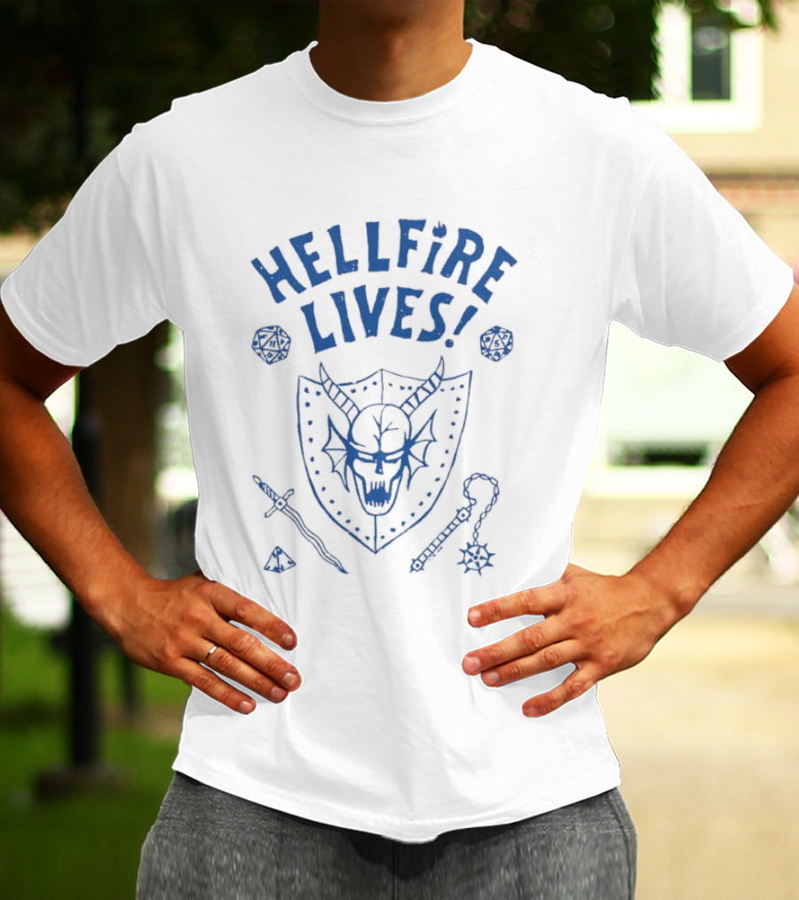 Hellfire Lives Metal Shield Skull Sword And Club T-Shirt
