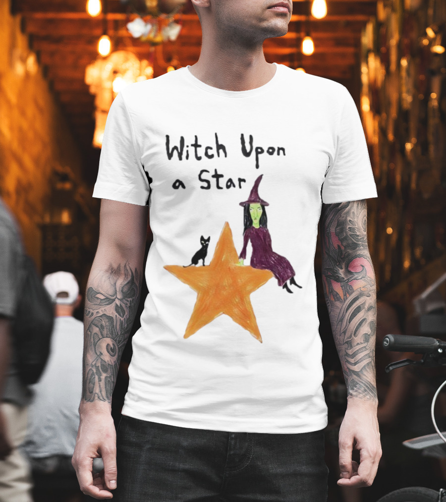 Witch Upon A Star Green Witch Purple Hat Orange Star Black Cat T-Shirt