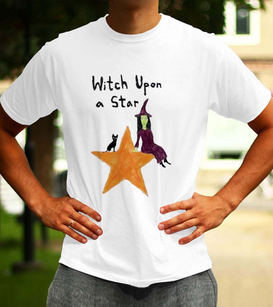 Witch Upon A Star Green Witch Purple Hat Orange Star Black Cat T-Shirt