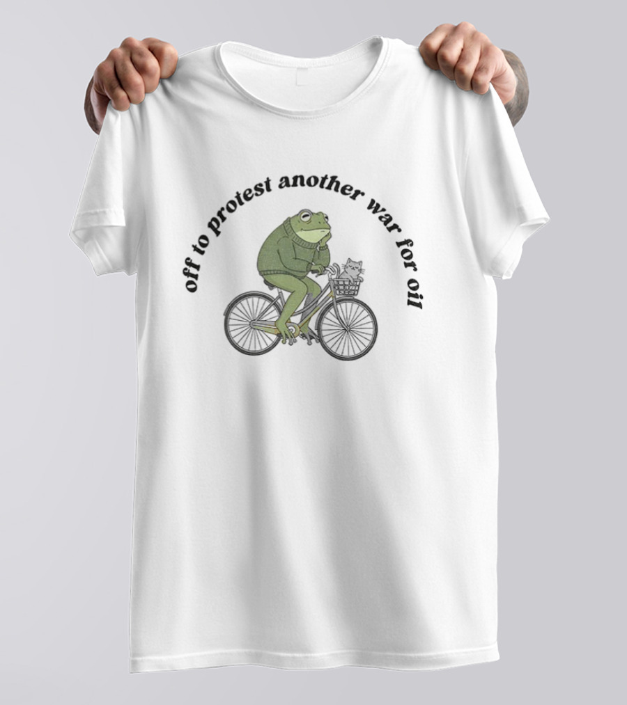 Anti War Frog And Cat Bicycle Off To Protest Another War For Oil T-Shirt