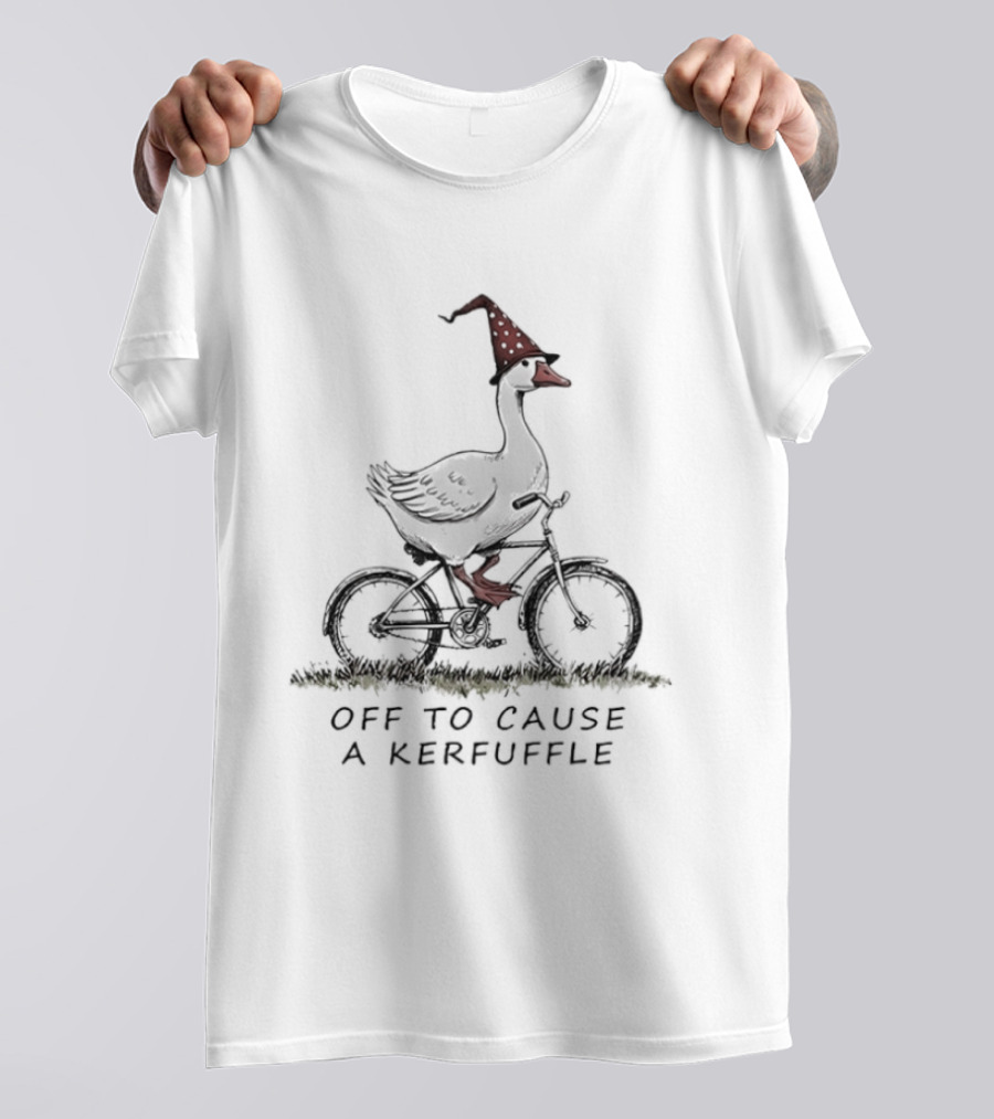 Goose Riding A Bicycle Witch Hat Causing A Kerfuffle Halloween Adventure T-Shirt