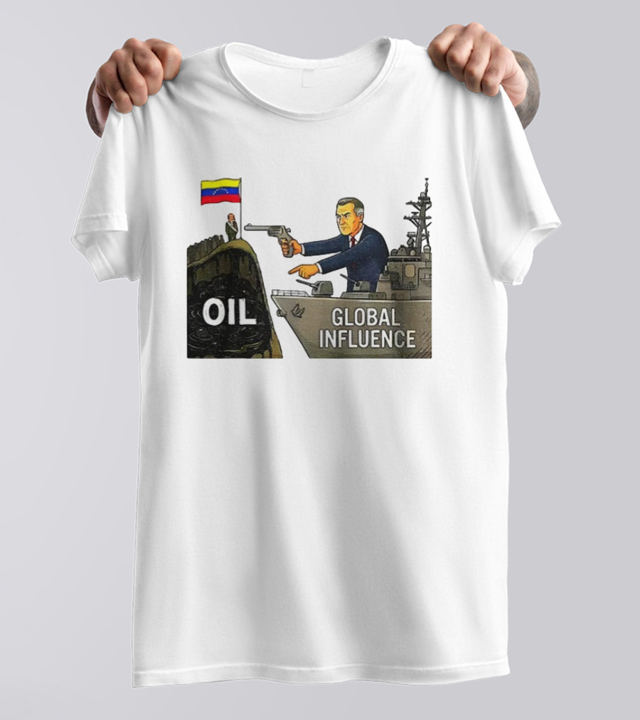 USA Venezuela Oil Conflict Political Satire Global Influence Cartoon Flags Gun Ship T-Shirt