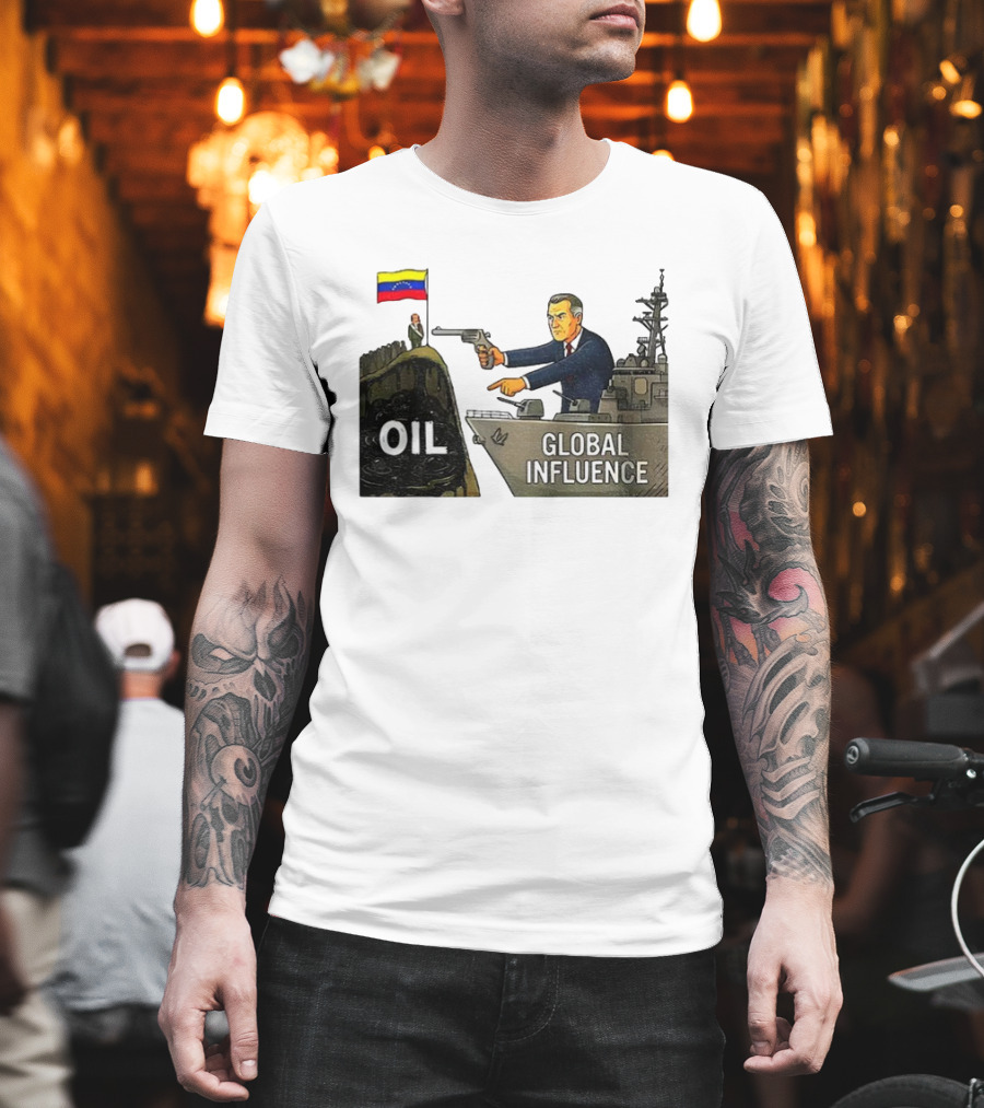 USA Venezuela Oil Conflict Political Satire Global Influence Cartoon Flags Gun Ship T-Shirt