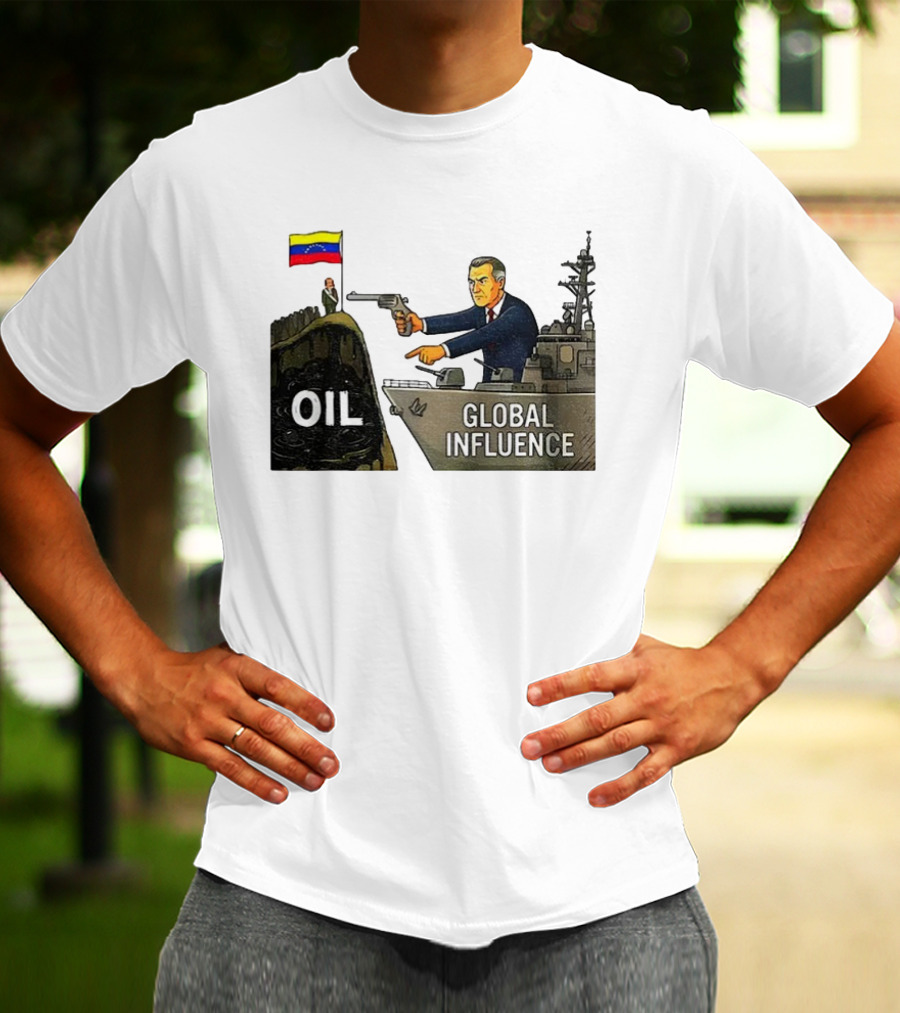 USA Venezuela Oil Conflict Political Satire Global Influence Cartoon Flags Gun Ship T-Shirt